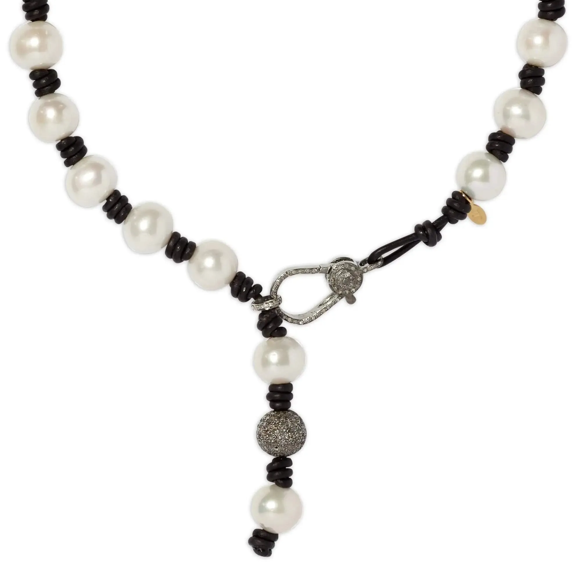 Knotted Leather and Pearl Necklace With Diamond Clasp and Drop