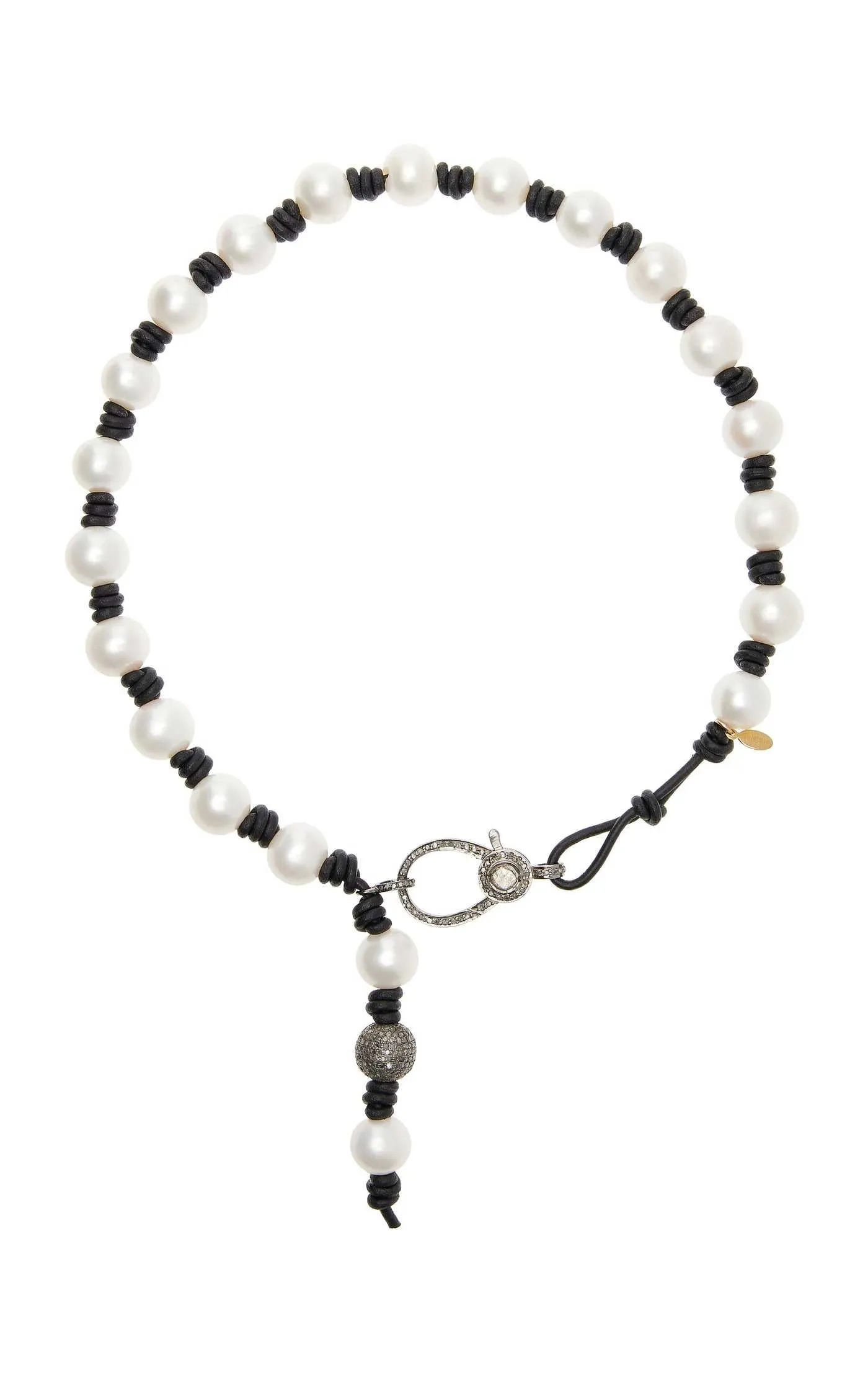 Knotted Leather and Pearl Necklace With Diamond Clasp and Drop