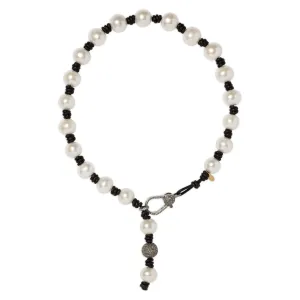 Knotted Leather and Pearl Necklace With Diamond Clasp and Drop