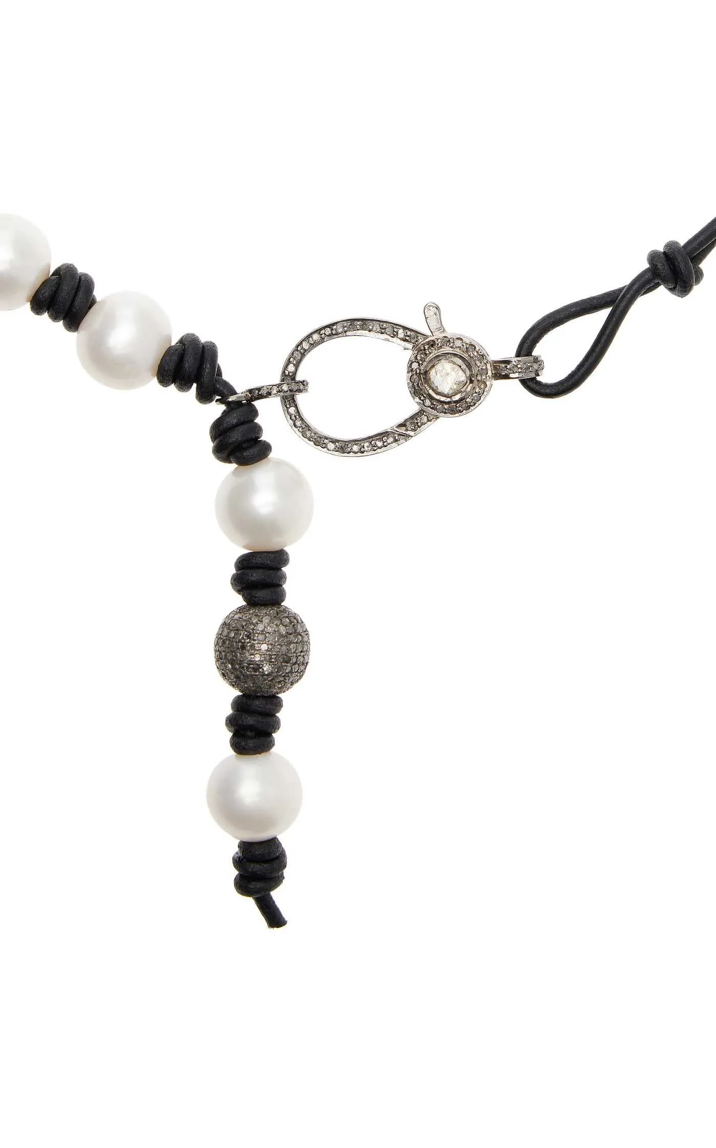 Knotted Leather and Pearl Necklace With Diamond Clasp and Drop