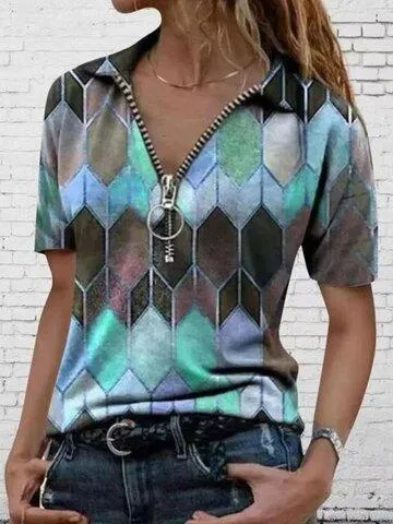Lapel Long Sleeve Printed Zip T-shirt