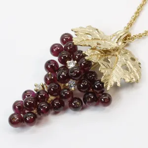 Larger Garnet Grape Cluster Necklace with Cubic Zirconia and 14kt. Gold Vermeil Leaves