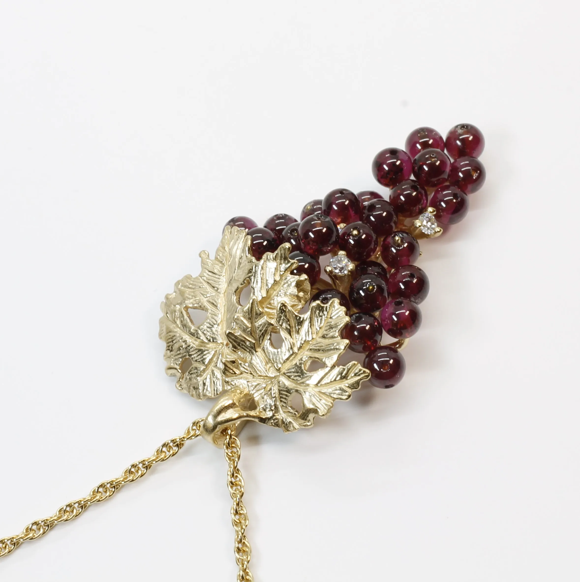 Larger Garnet Grape Cluster Necklace with Cubic Zirconia and 14kt. Gold Vermeil Leaves