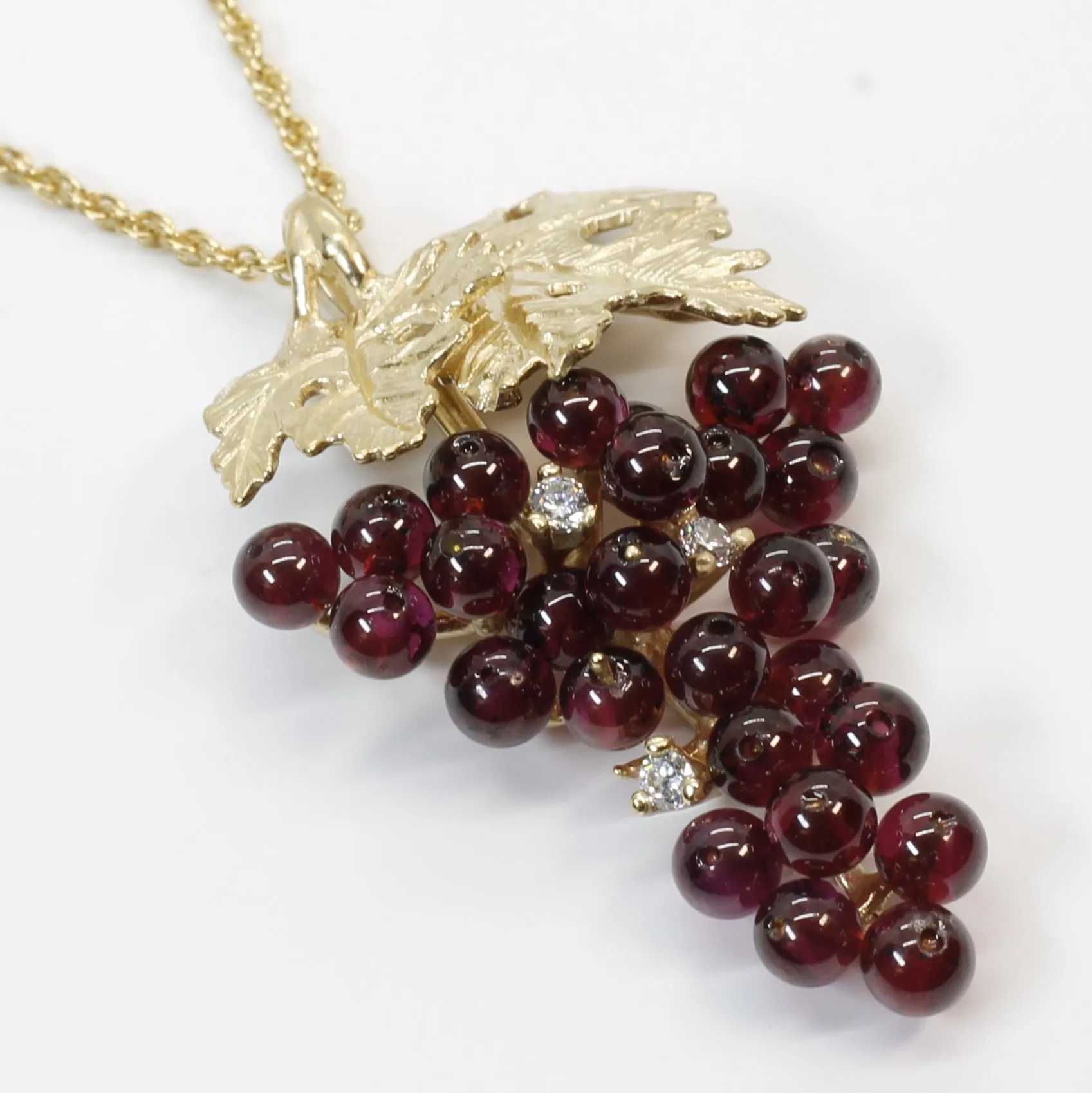 Larger Garnet Grape Cluster Necklace with Cubic Zirconia and 14kt. Gold Vermeil Leaves