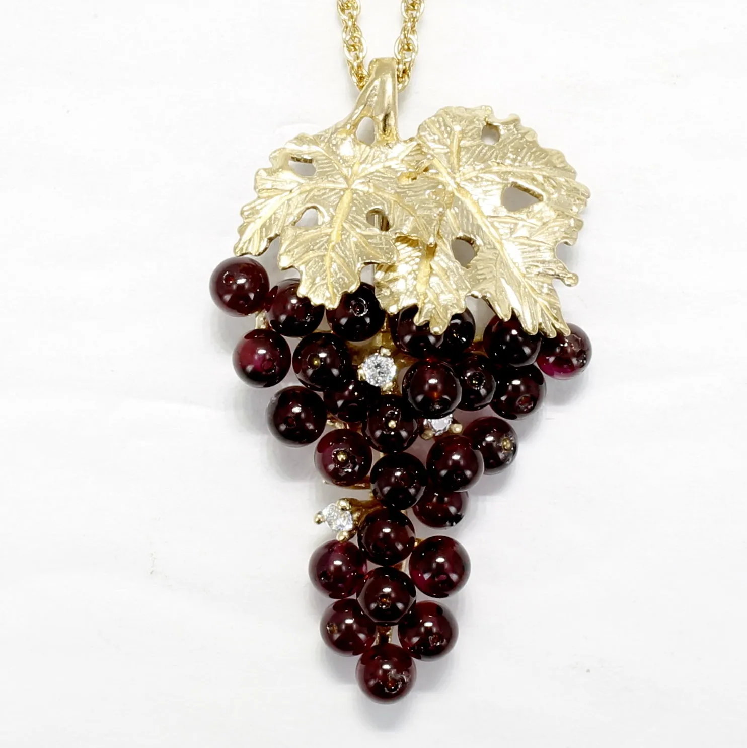 Larger Garnet Grape Cluster Necklace with Cubic Zirconia and 14kt. Gold Vermeil Leaves
