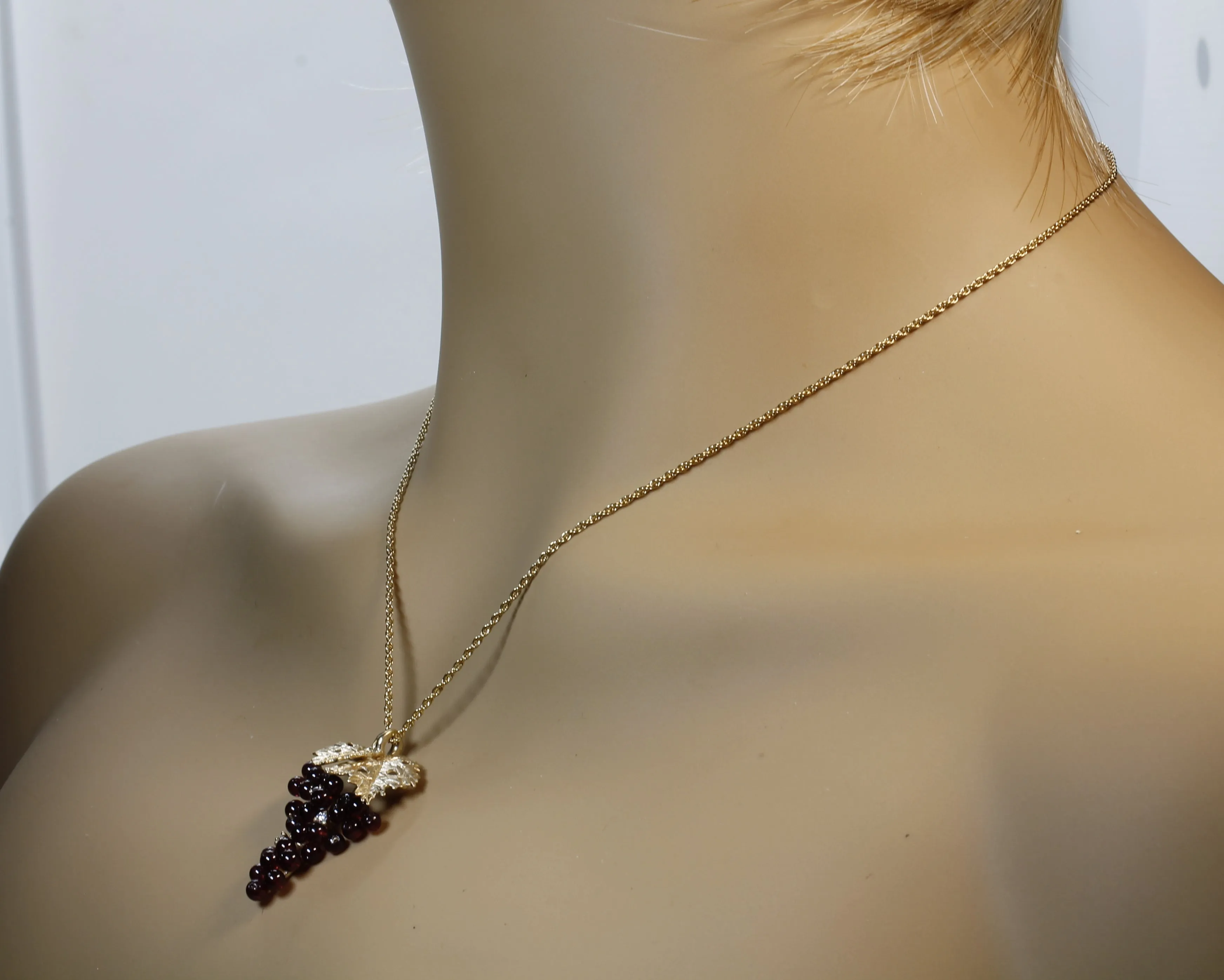 Larger Garnet Grape Cluster Necklace with Cubic Zirconia and 14kt. Gold Vermeil Leaves