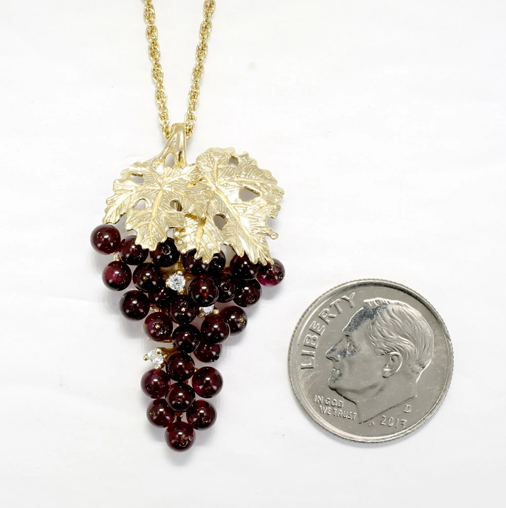 Larger Garnet Grape Cluster Necklace with Cubic Zirconia and 14kt. Gold Vermeil Leaves