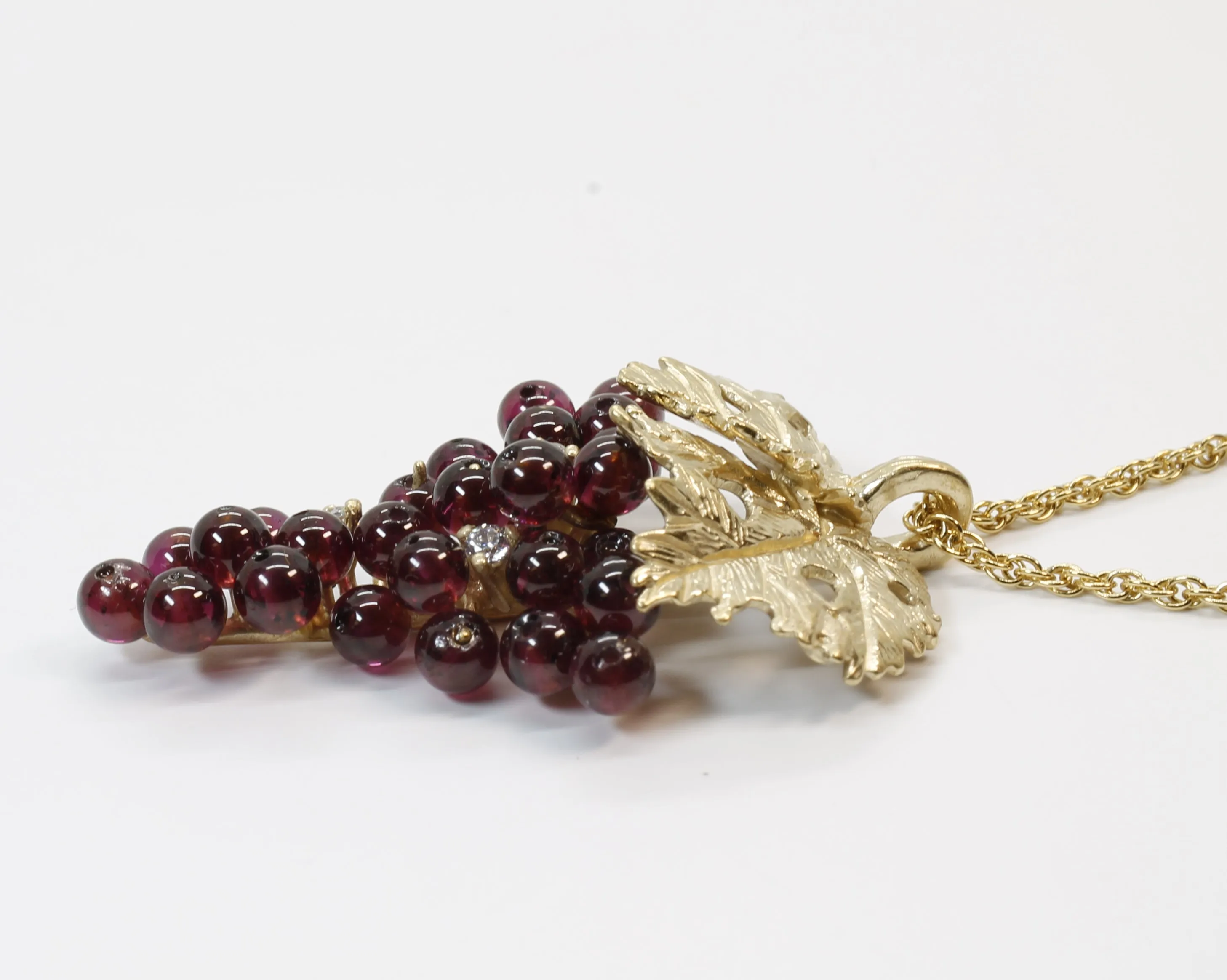 Larger Garnet Grape Cluster Necklace with Cubic Zirconia and 14kt. Gold Vermeil Leaves