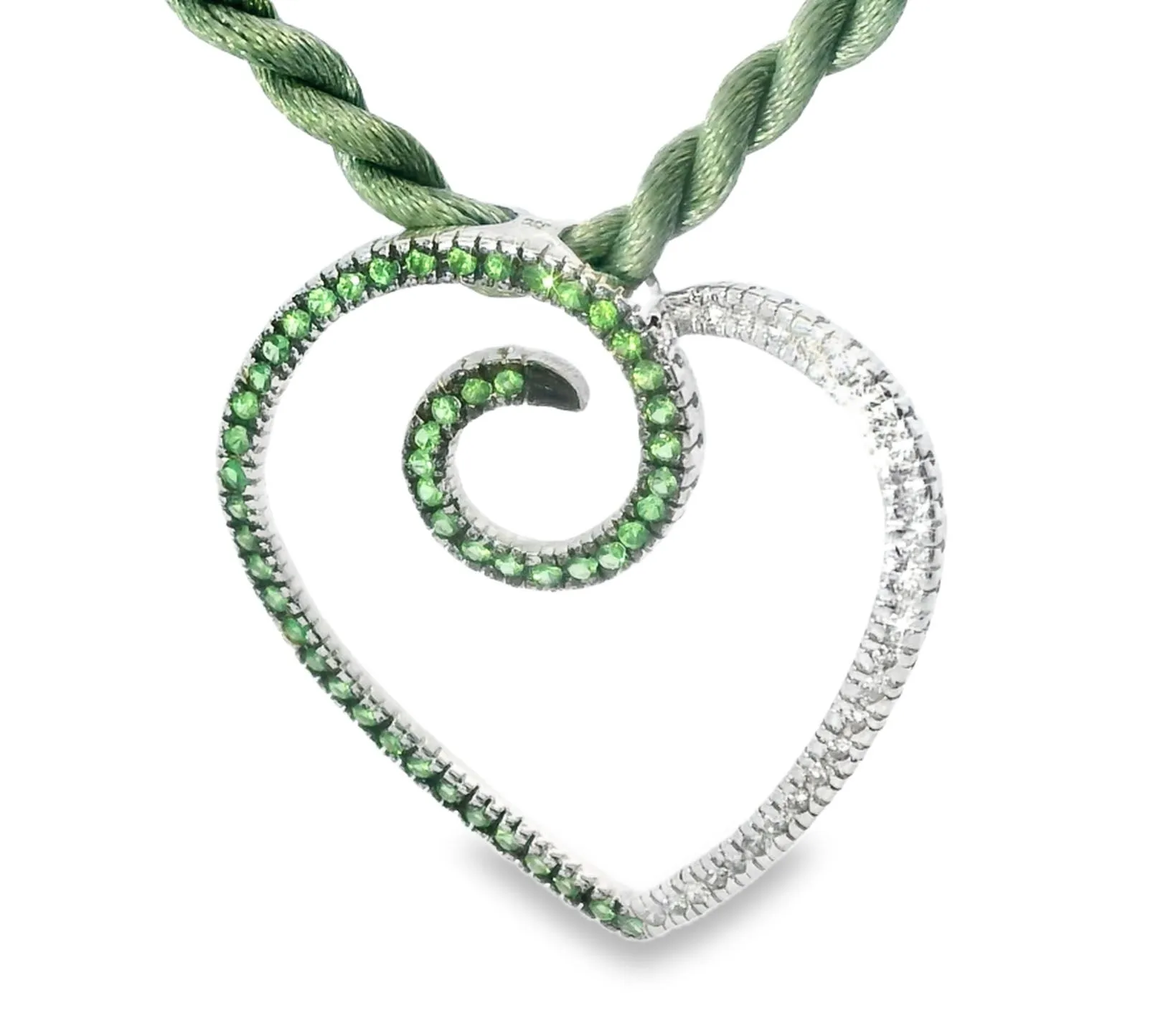 Magnificent 18K White Gold Diamond Tsavorite Green Garnet Heart Pendant Slide