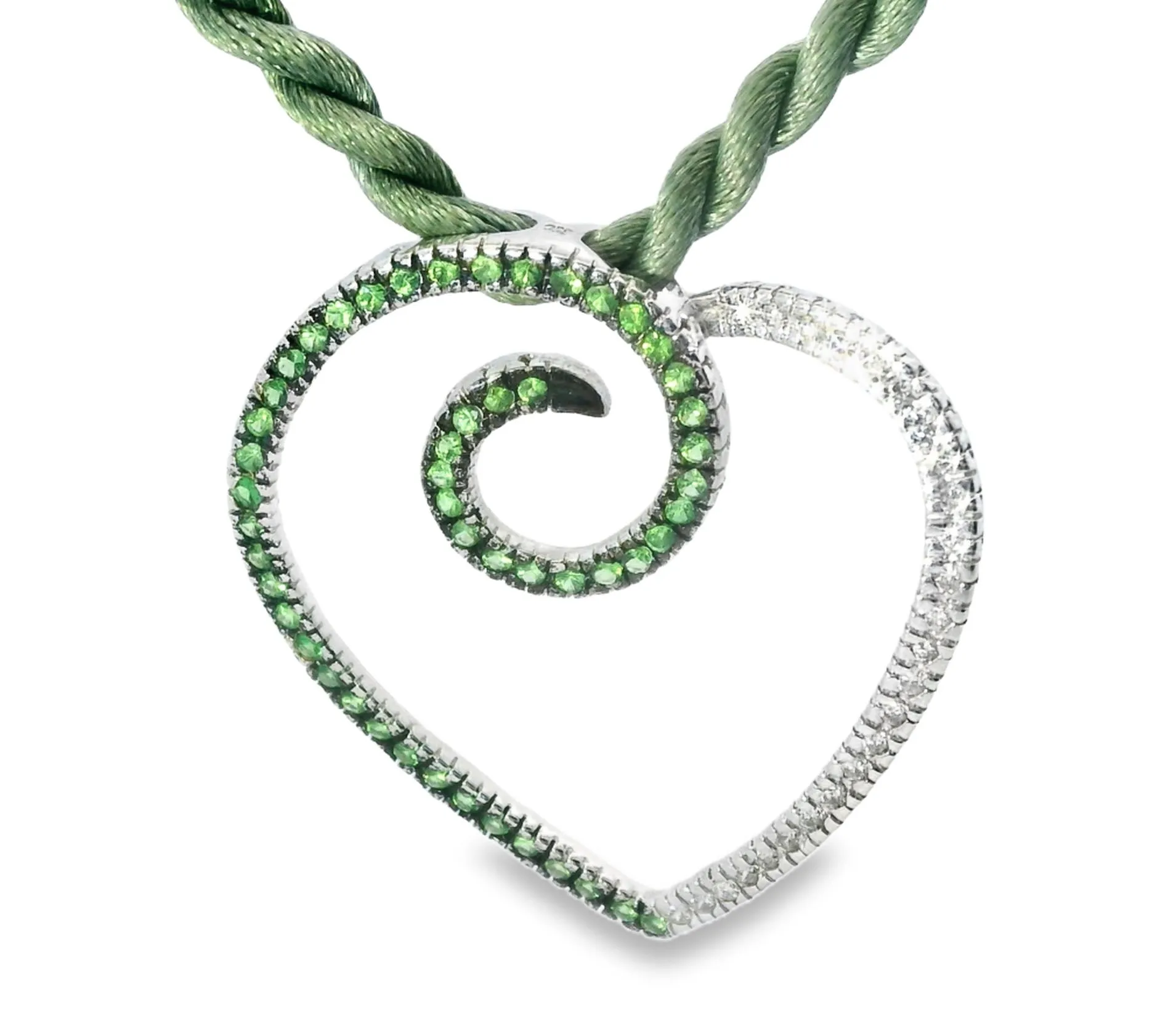 Magnificent 18K White Gold Diamond Tsavorite Green Garnet Heart Pendant Slide