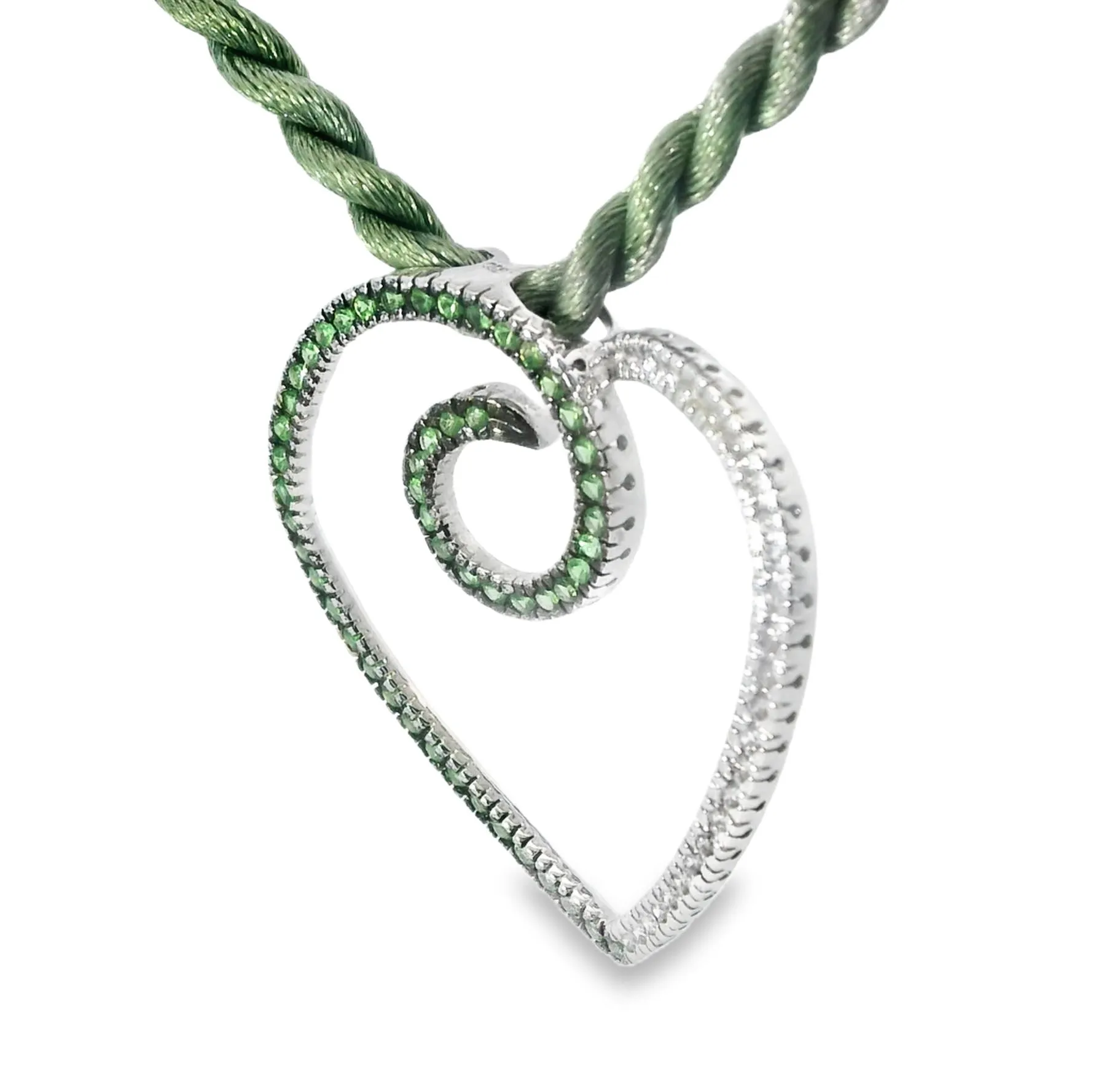 Magnificent 18K White Gold Diamond Tsavorite Green Garnet Heart Pendant Slide