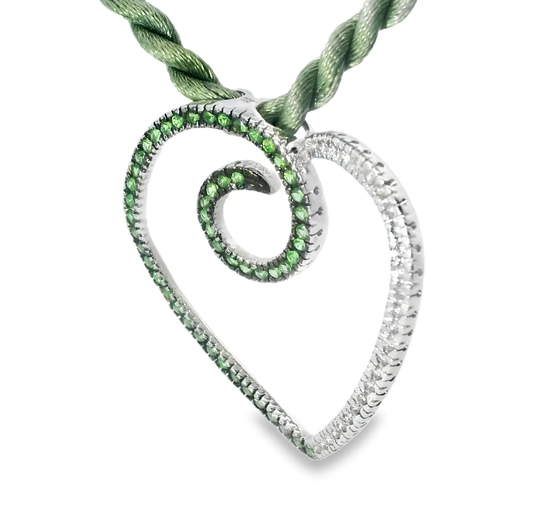 Magnificent 18K White Gold Diamond Tsavorite Green Garnet Heart Pendant Slide