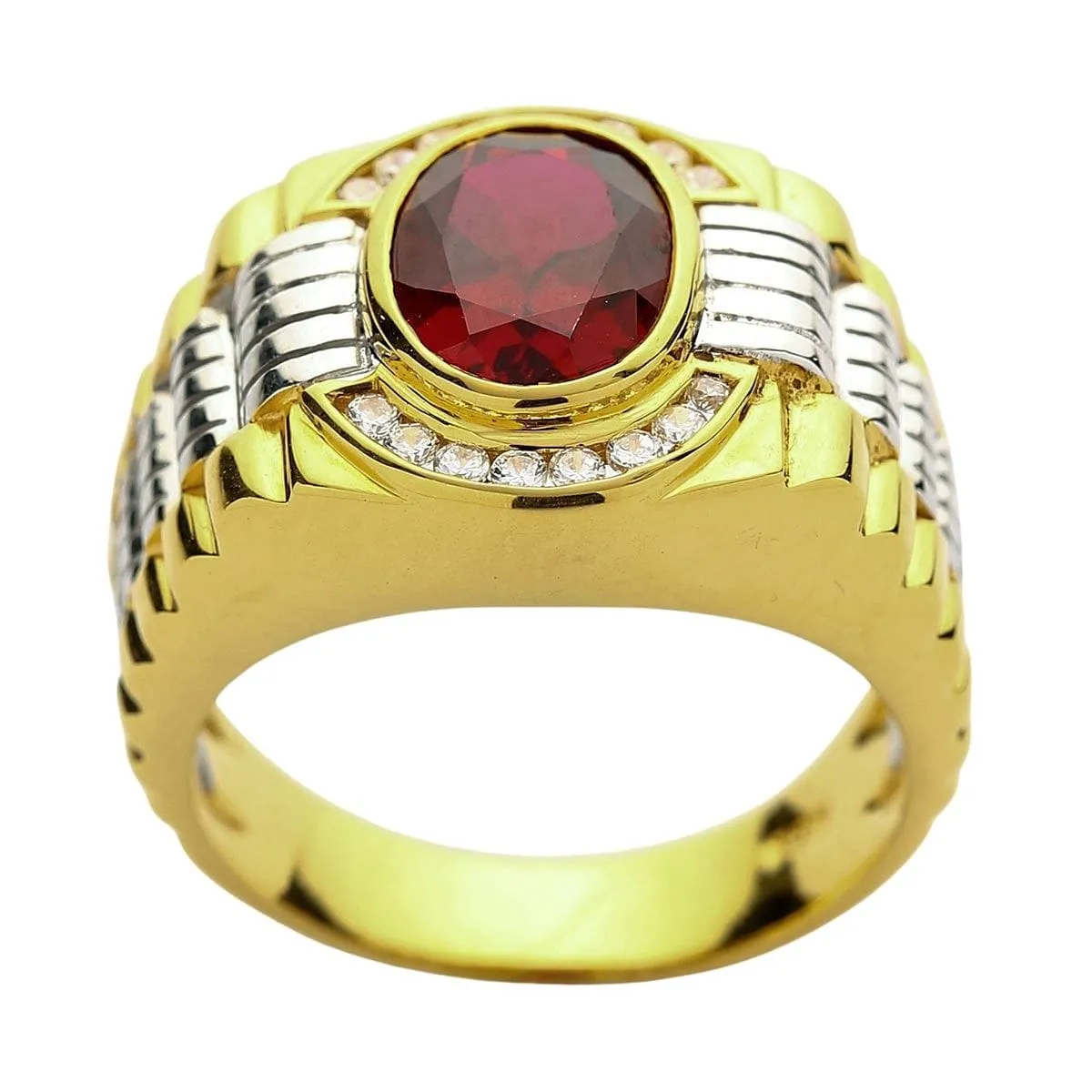 Mens Two Tone Yellow Gold Garnet Rolex Ring