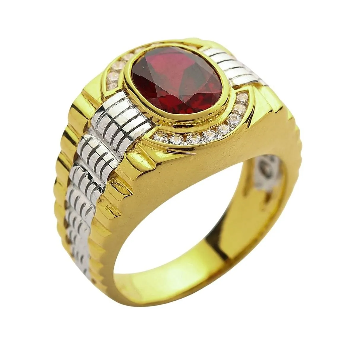 Mens Two Tone Yellow Gold Garnet Rolex Ring