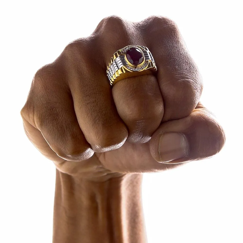 Mens Two Tone Yellow Gold Garnet Rolex Ring