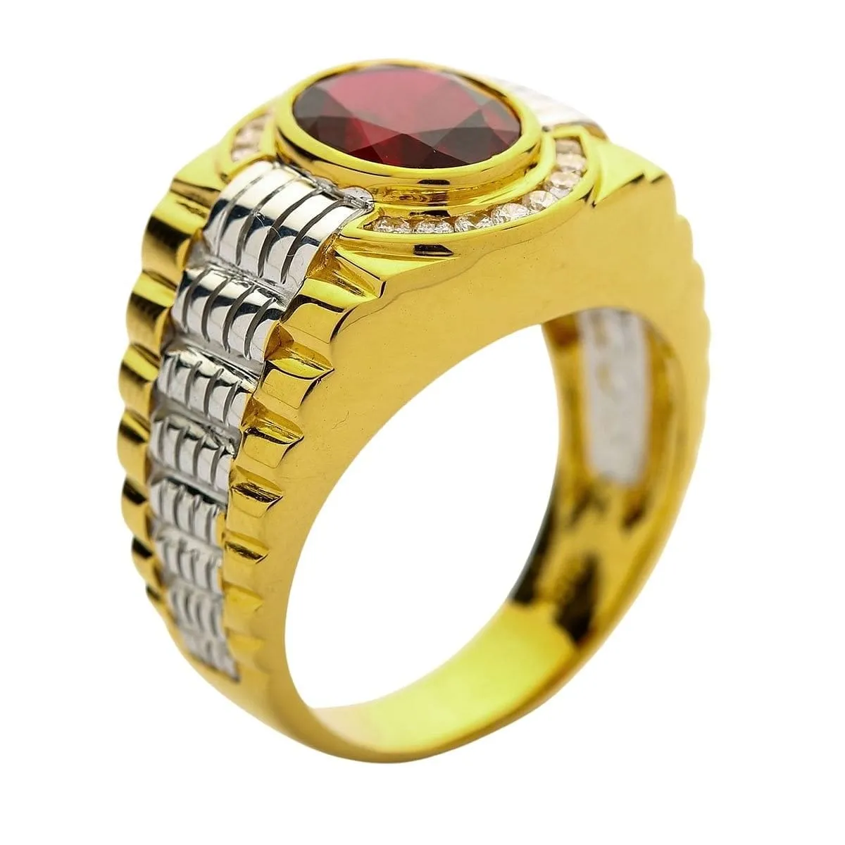 Mens Two Tone Yellow Gold Garnet Rolex Ring