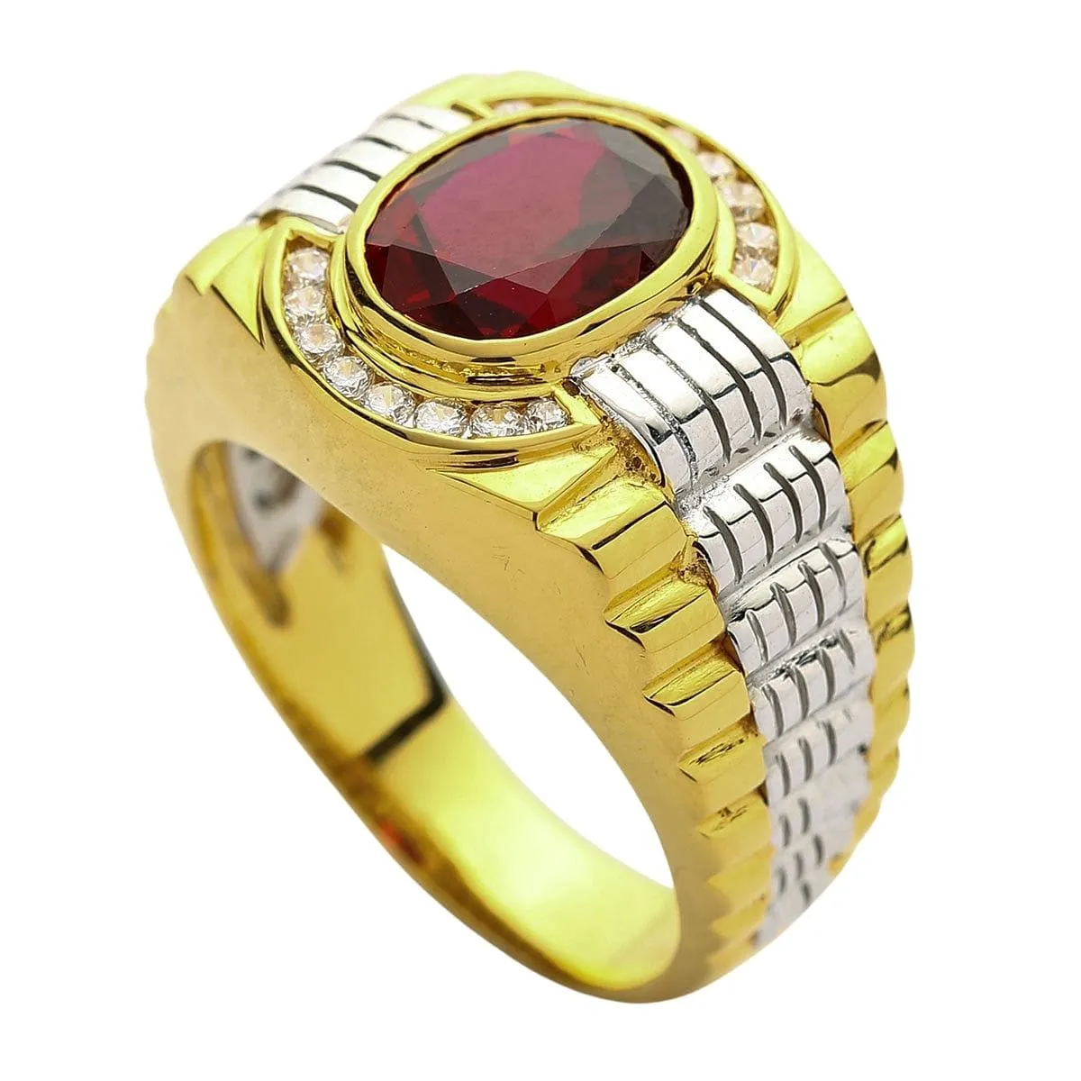 Mens Two Tone Yellow Gold Garnet Rolex Ring