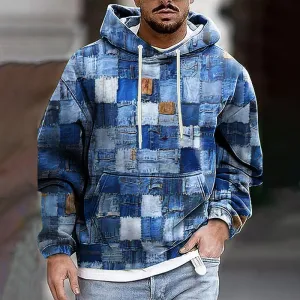 Men's Vintage Denim Colorblocked Art Print Hooded 2411007803