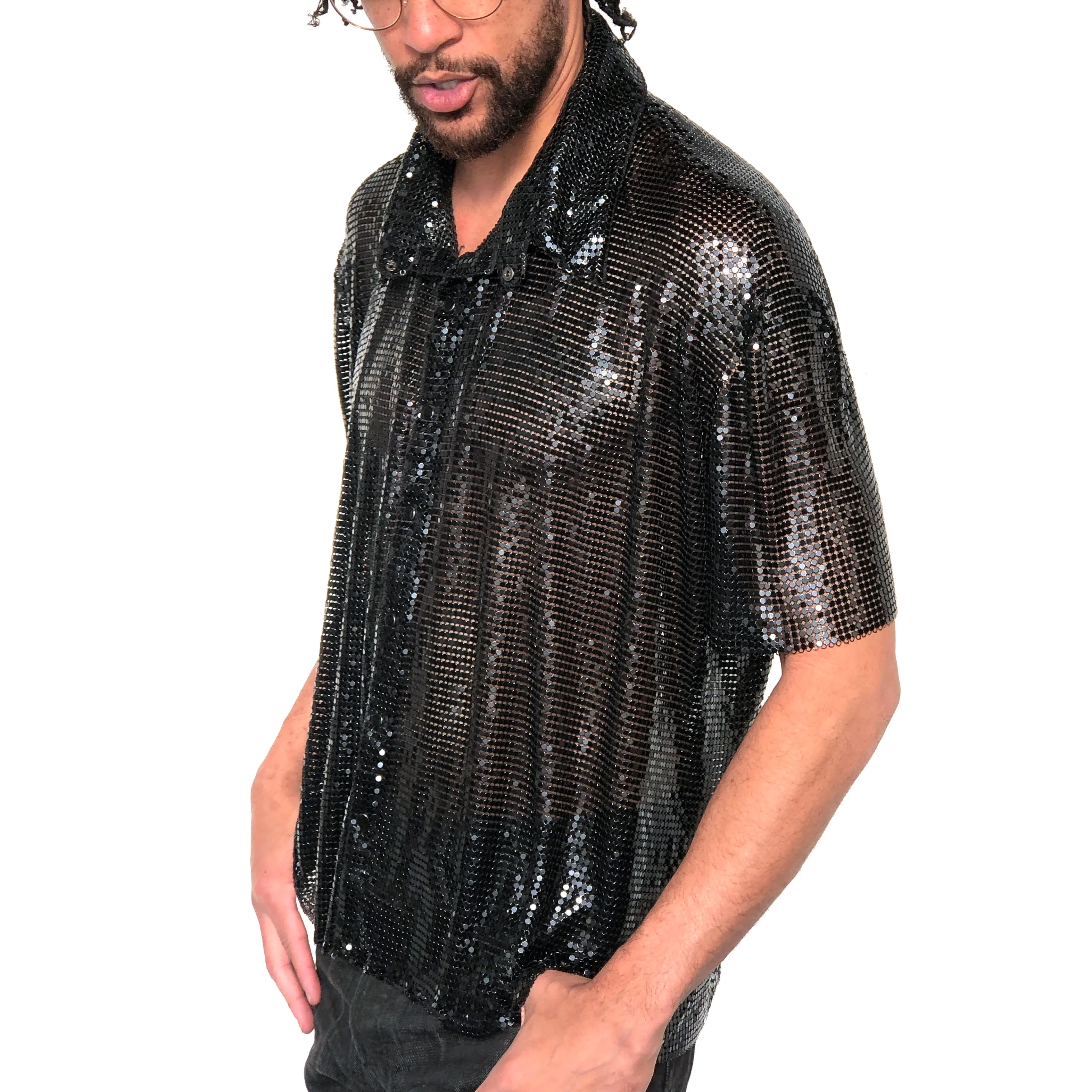 Metal Mesh Short Sleeve Collared Shirt