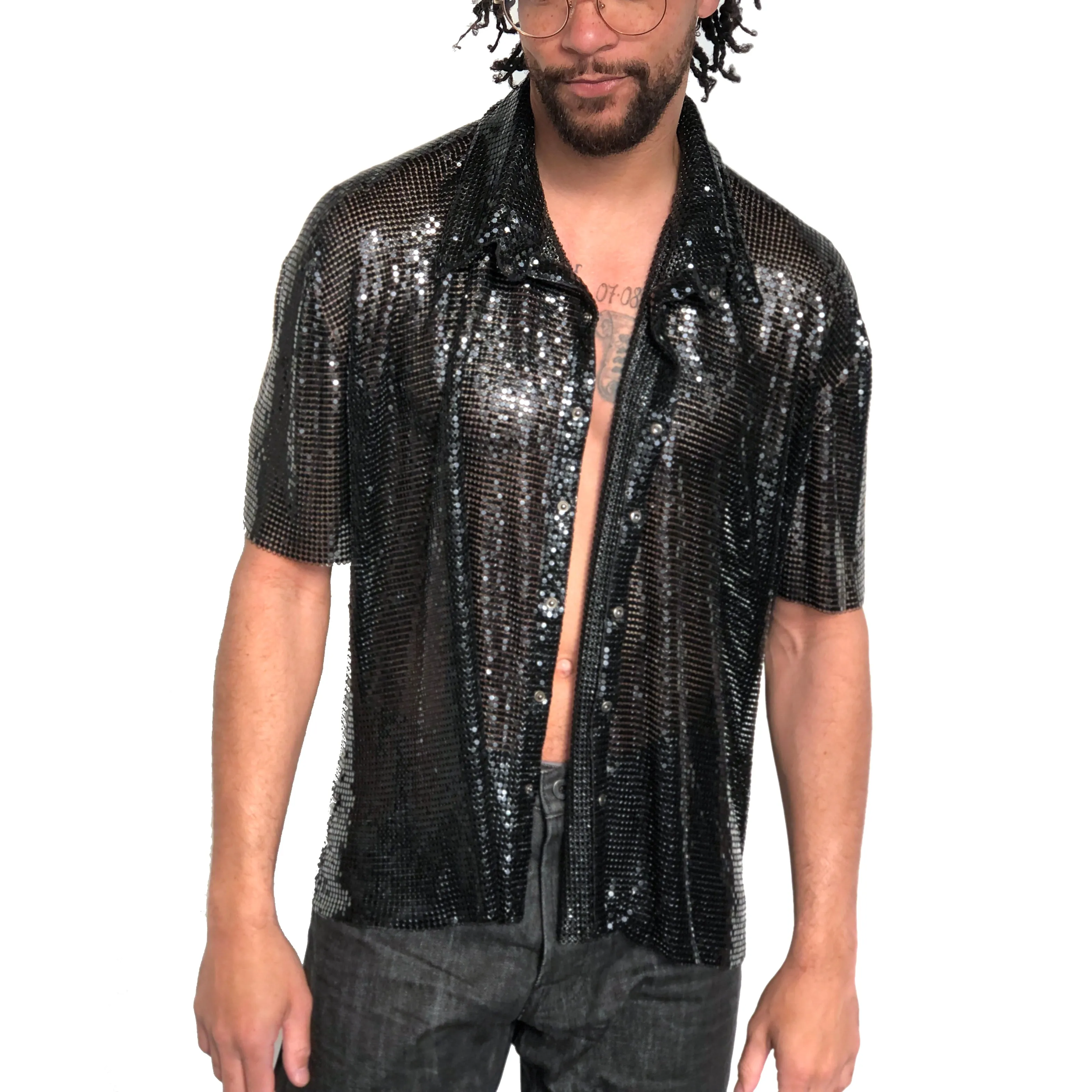 Metal Mesh Short Sleeve Collared Shirt