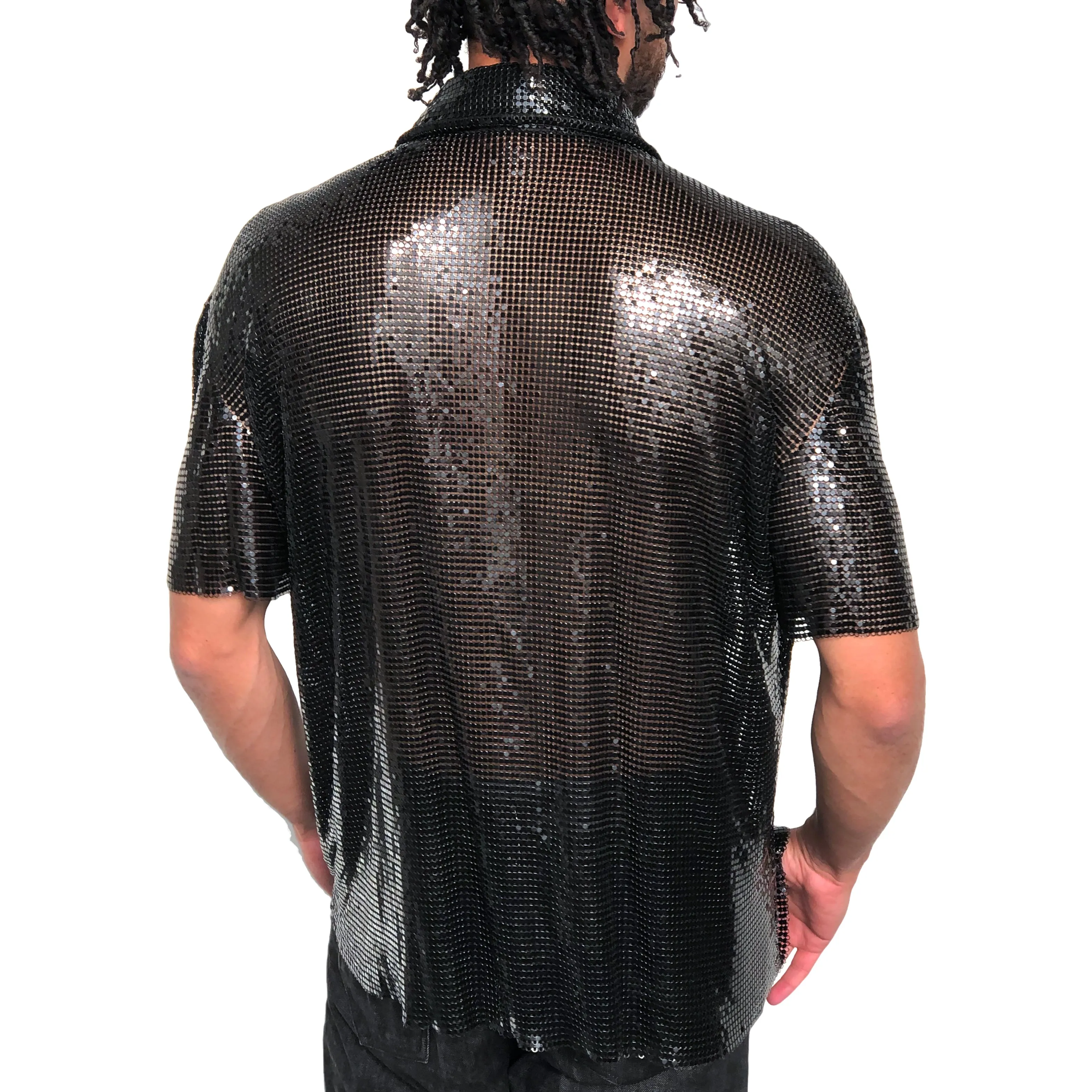 Metal Mesh Short Sleeve Collared Shirt