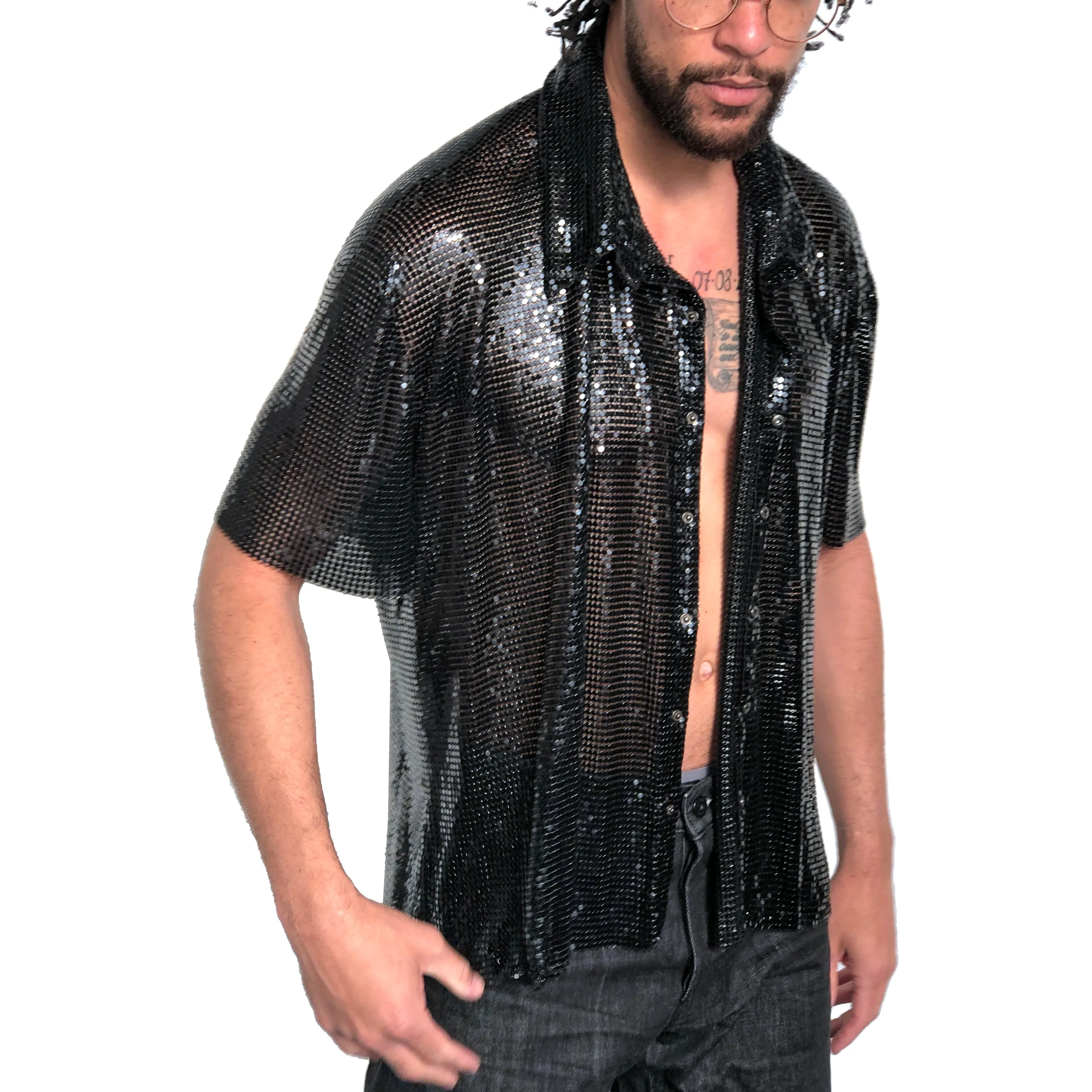 Metal Mesh Short Sleeve Collared Shirt