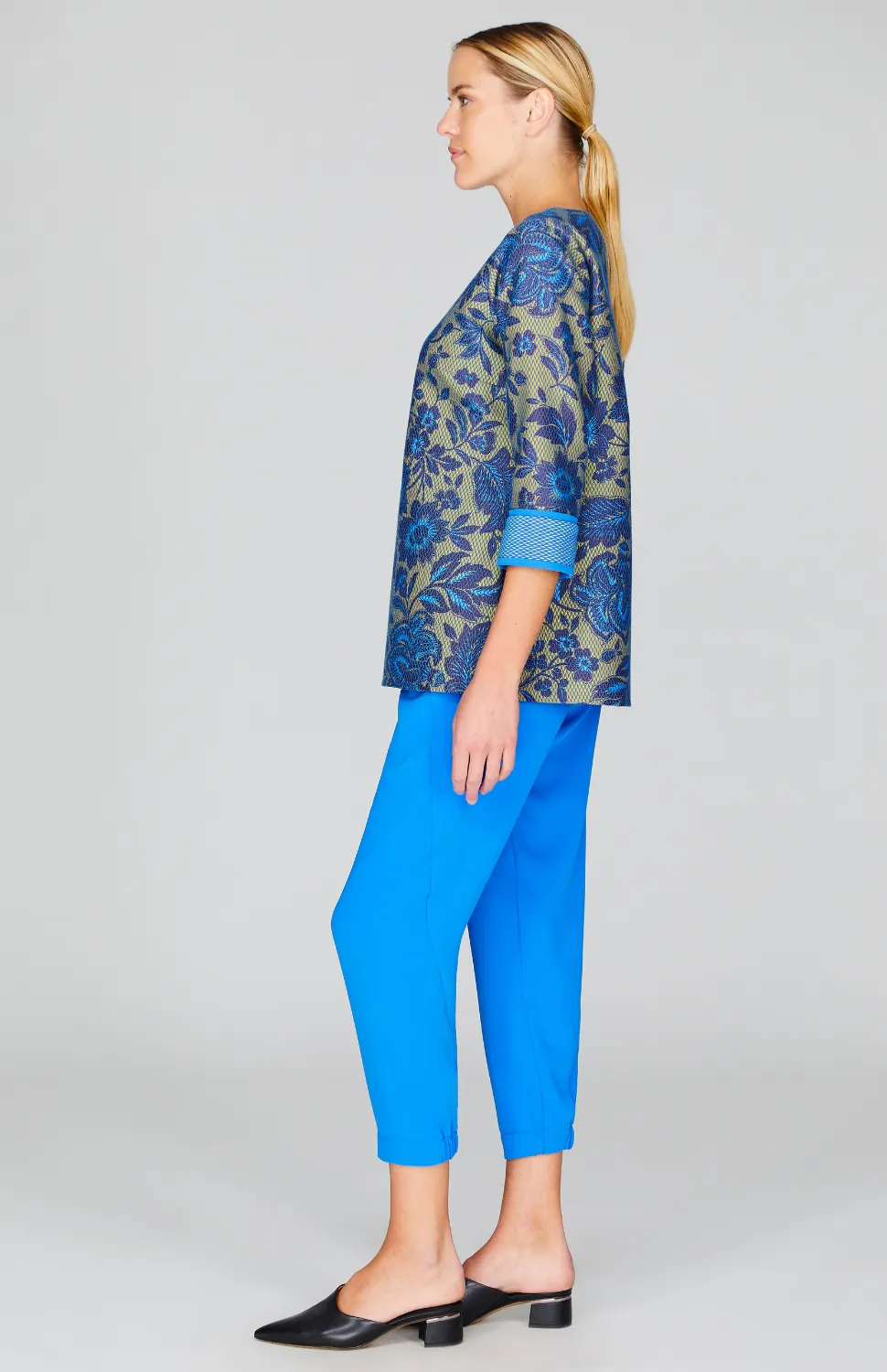 Mosaic Floral 3/4 Sleeve Blouse with Bias Trim