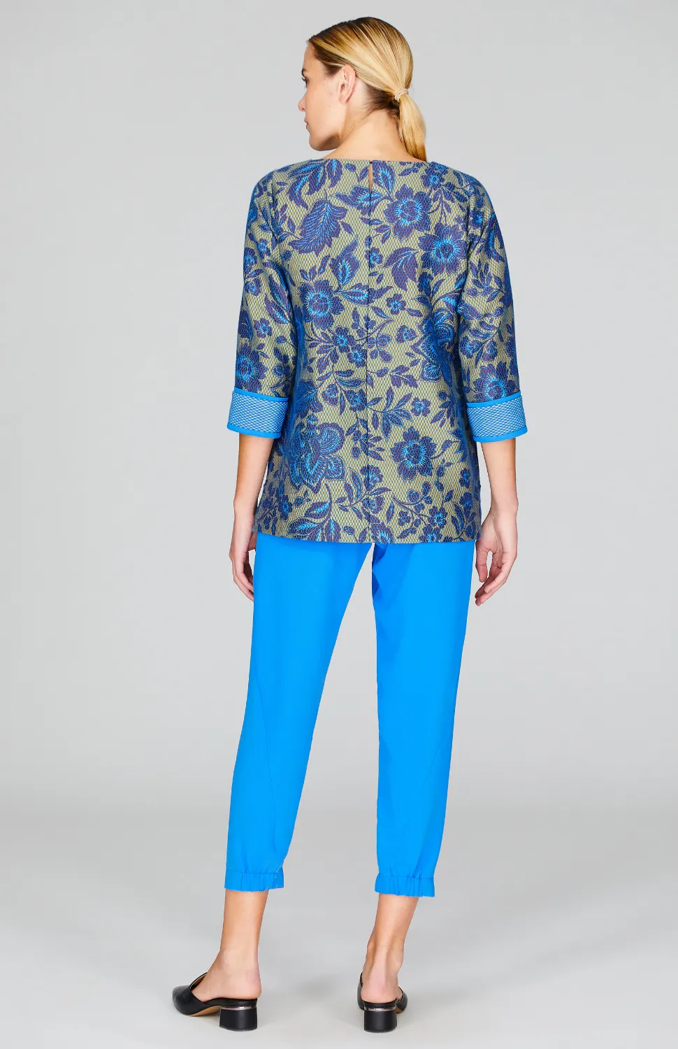 Mosaic Floral 3/4 Sleeve Blouse with Bias Trim