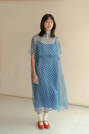 New All Season Dress Silk Organza Clover Blue Printed-R.B.-Fashion Edit Runaway Bicycle