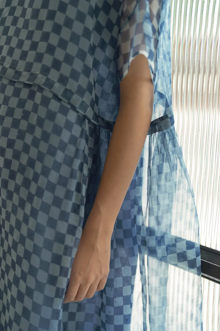 New All Season Dress Silk Organza Clover Blue Printed-R.B.-Fashion Edit Runaway Bicycle