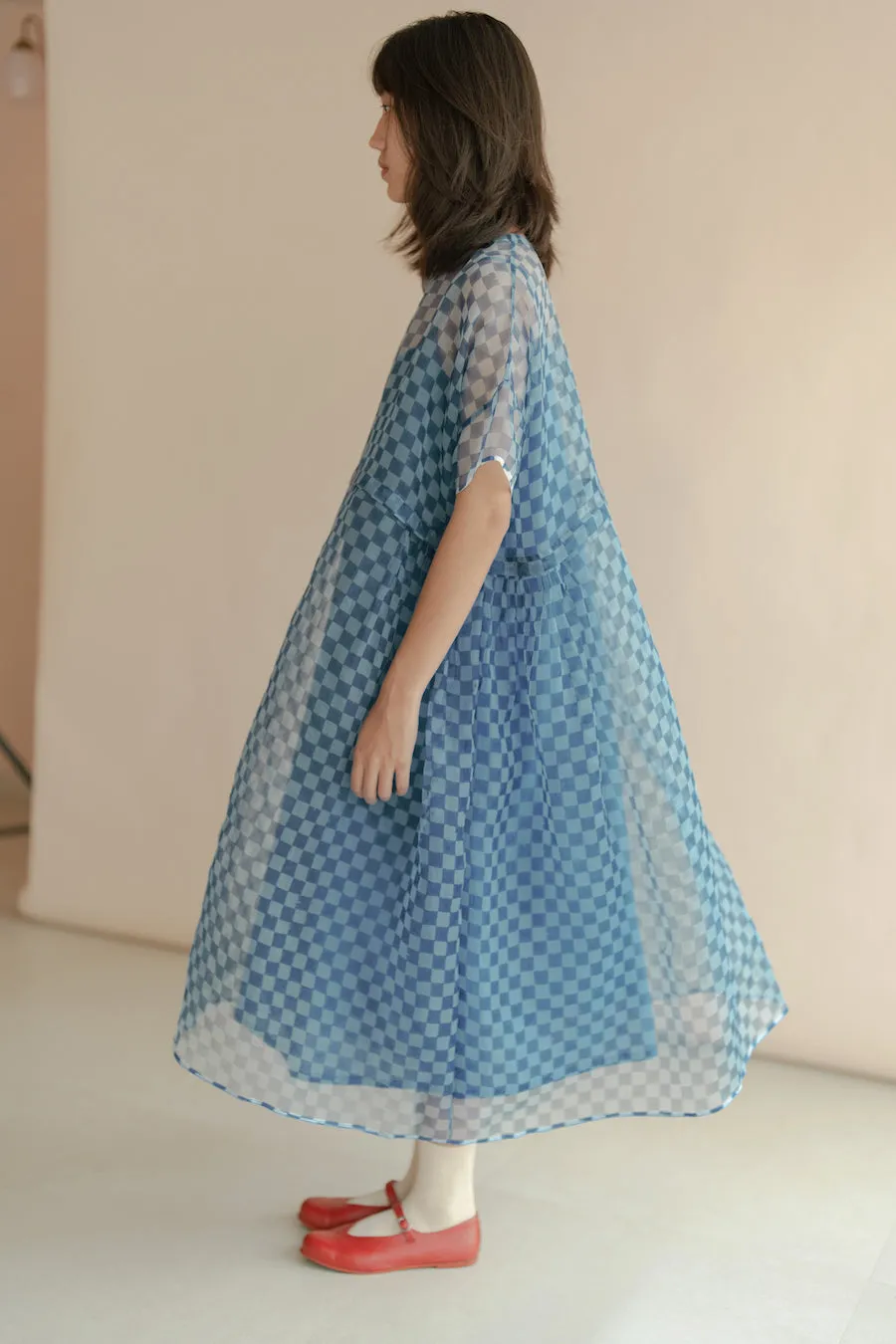 New All Season Dress Silk Organza Clover Blue Printed-R.B.-Fashion Edit Runaway Bicycle