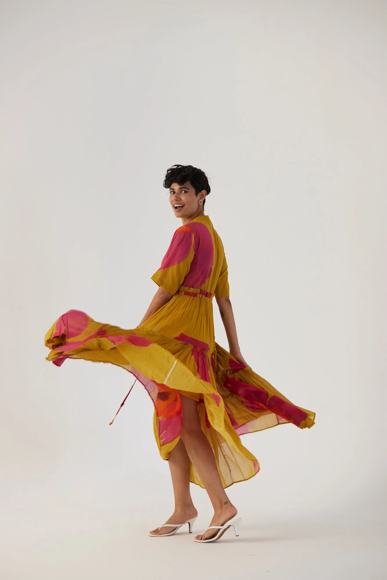 New Season Fall 24/Summer 25-Dress Cotton/Mulmul Tiered Pink Poppies Mustard-YAMBB16-Fashion Edit Yam