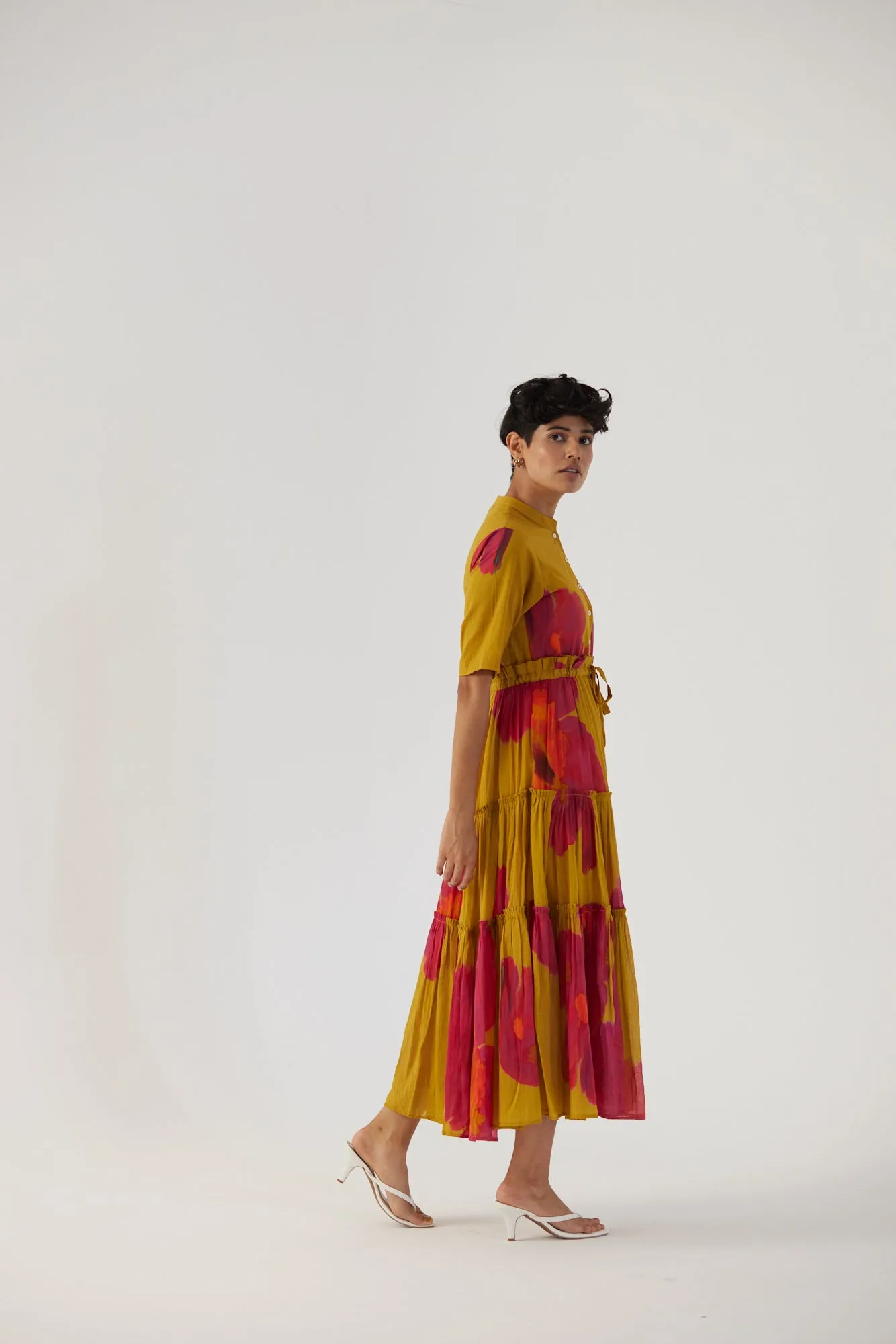 New Season Fall 24/Summer 25-Dress Cotton/Mulmul Tiered Pink Poppies Mustard-YAMBB16-Fashion Edit Yam