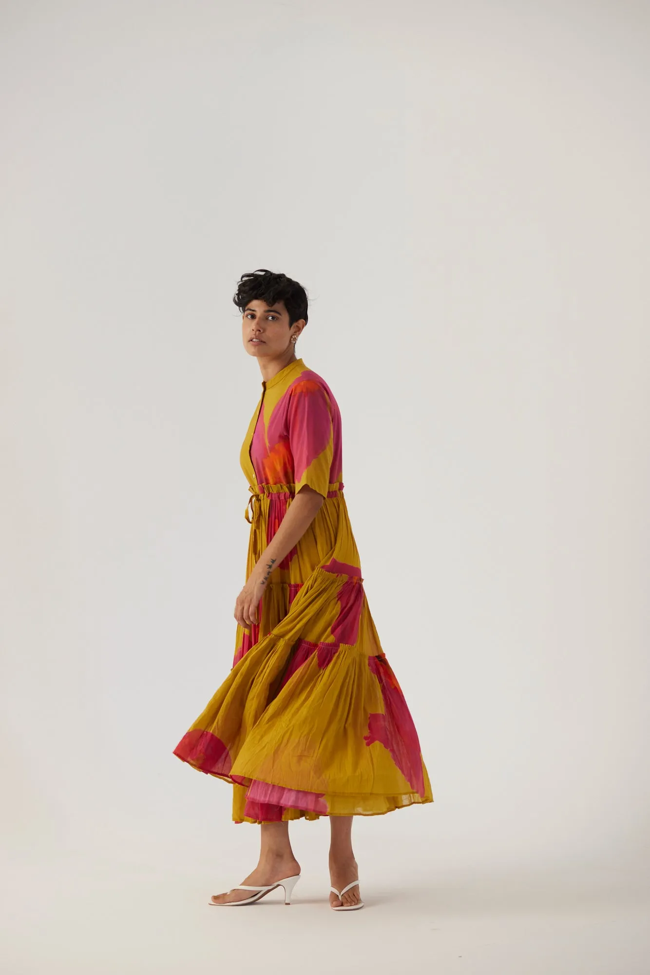 New Season Fall 24/Summer 25-Dress Cotton/Mulmul Tiered Pink Poppies Mustard-YAMBB16-Fashion Edit Yam