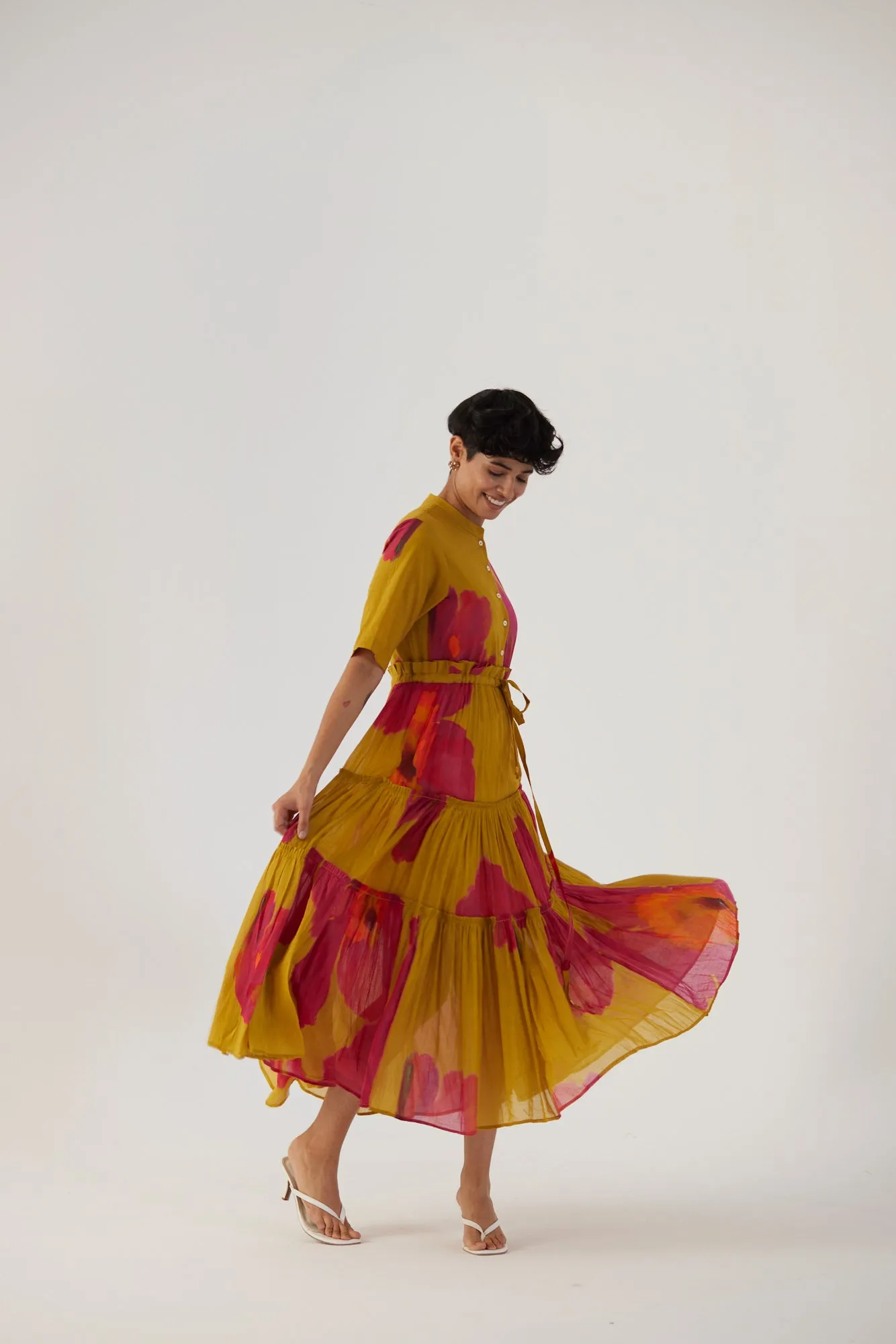 New Season Fall 24/Summer 25-Dress Cotton/Mulmul Tiered Pink Poppies Mustard-YAMBB16-Fashion Edit Yam