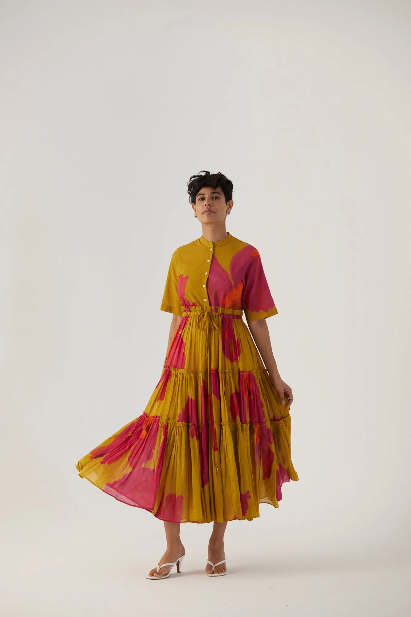 New Season Fall 24/Summer 25-Dress Cotton/Mulmul Tiered Pink Poppies Mustard-YAMBB16-Fashion Edit Yam