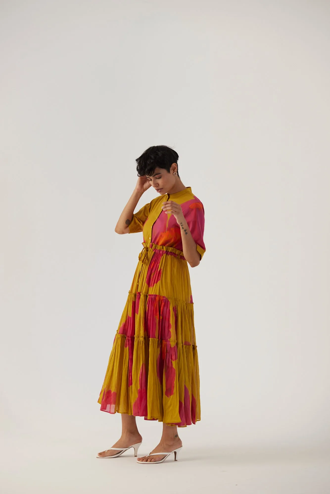 New Season Fall 24/Summer 25-Dress Cotton/Mulmul Tiered Pink Poppies Mustard-YAMBB16-Fashion Edit Yam