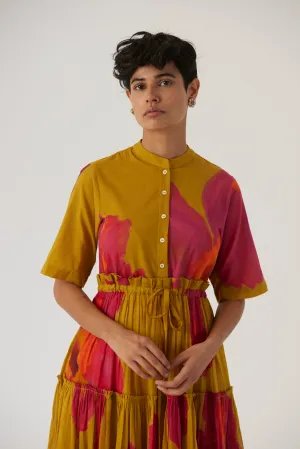 New Season Fall 24/Summer 25-Dress Cotton/Mulmul Tiered Pink Poppies Mustard-YAMBB16-Fashion Edit Yam