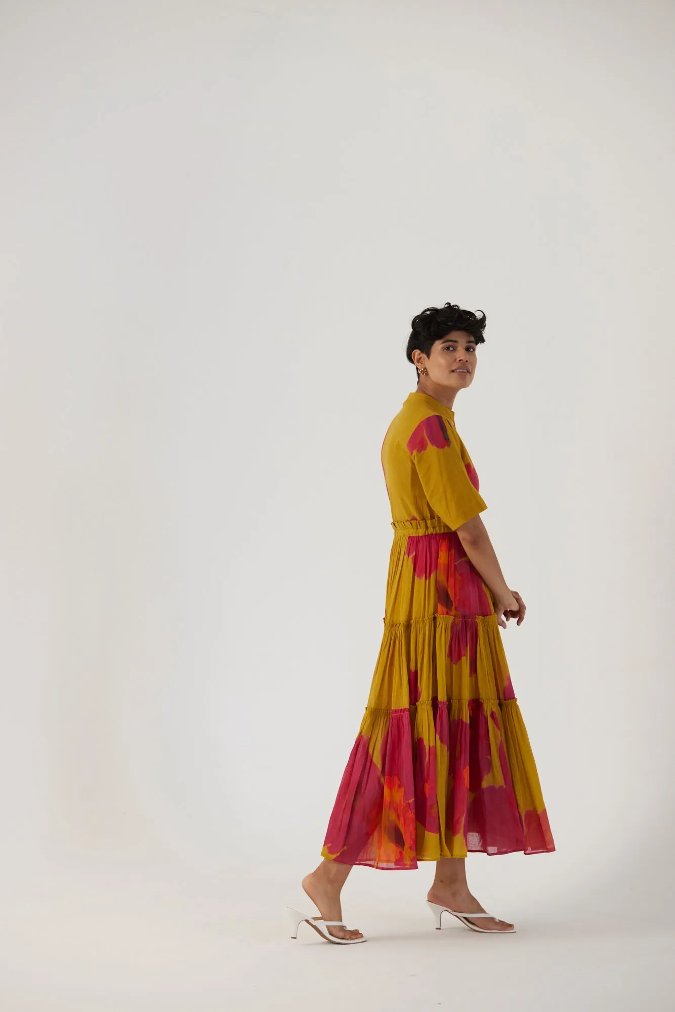 New Season Fall 24/Summer 25-Dress Cotton/Mulmul Tiered Pink Poppies Mustard-YAMBB16-Fashion Edit Yam