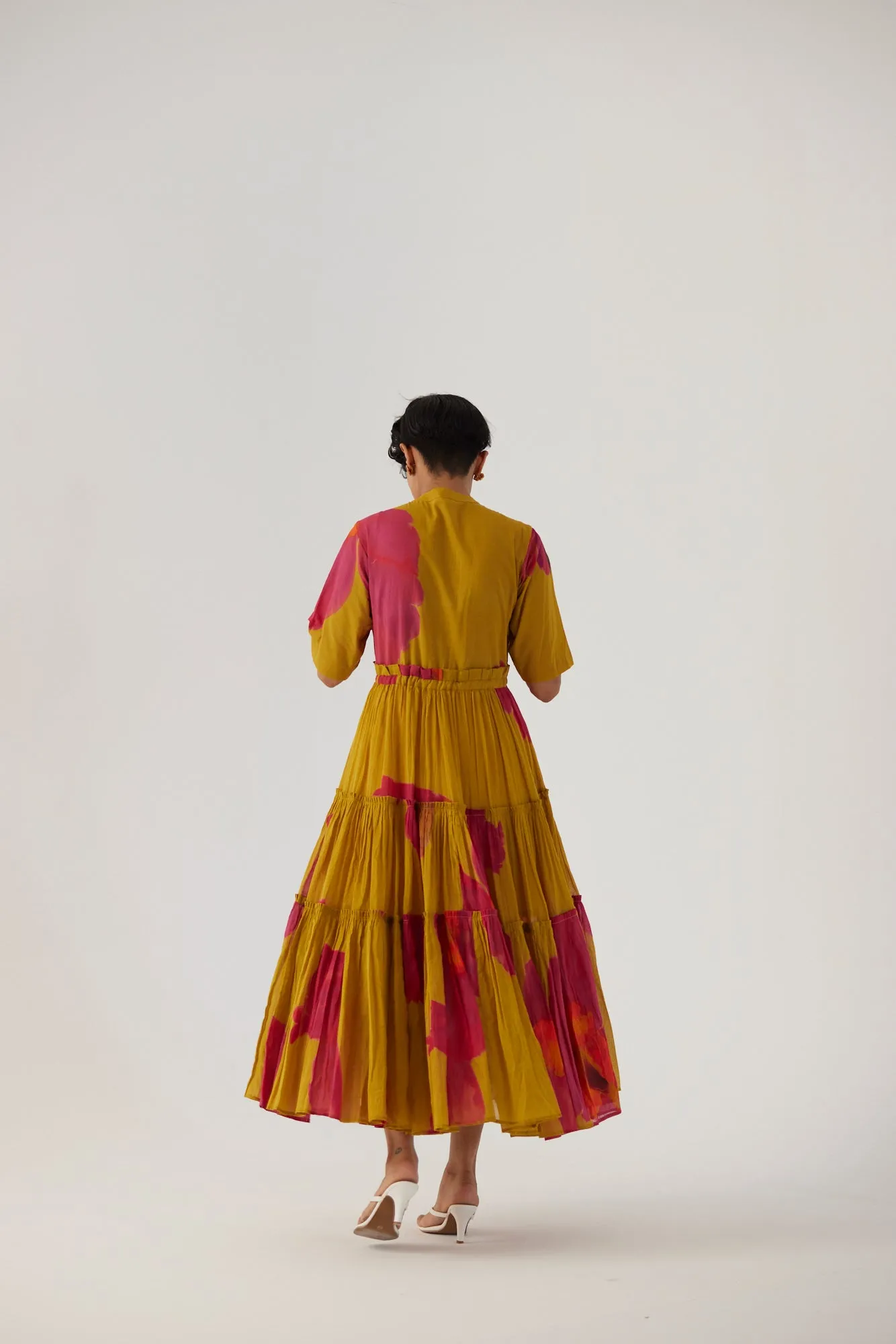 New Season Fall 24/Summer 25-Dress Cotton/Mulmul Tiered Pink Poppies Mustard-YAMBB16-Fashion Edit Yam