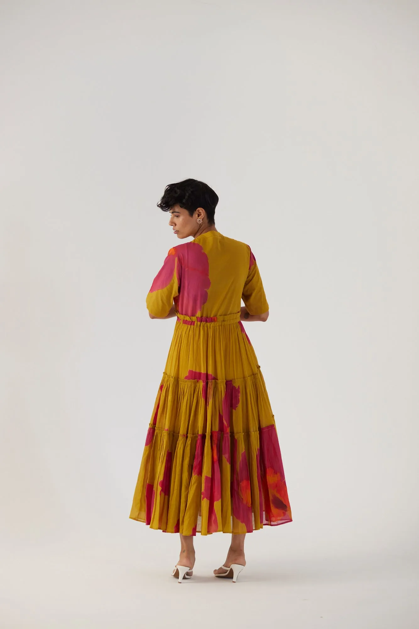 New Season Fall 24/Summer 25-Dress Cotton/Mulmul Tiered Pink Poppies Mustard-YAMBB16-Fashion Edit Yam