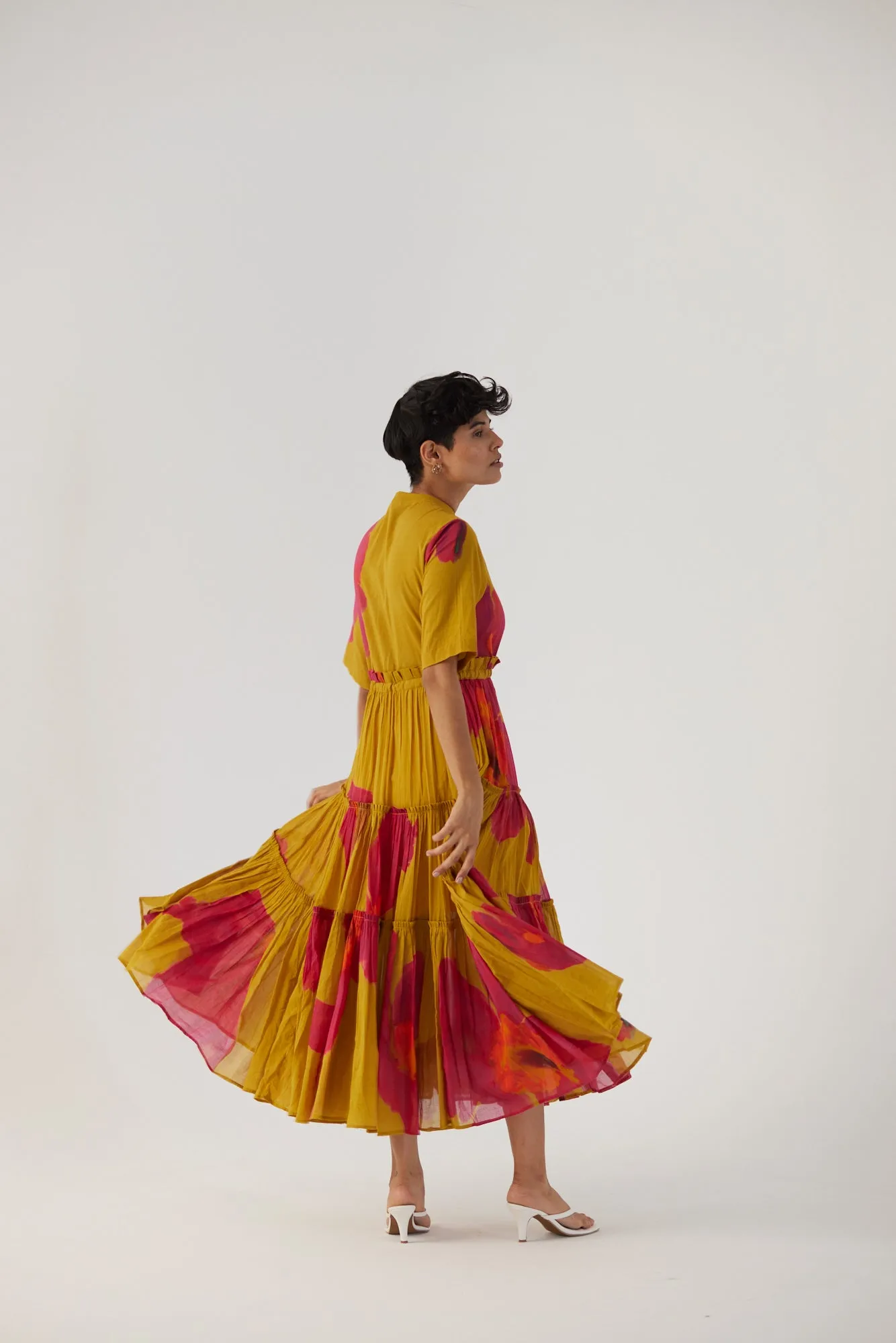 New Season Fall 24/Summer 25-Dress Cotton/Mulmul Tiered Pink Poppies Mustard-YAMBB16-Fashion Edit Yam