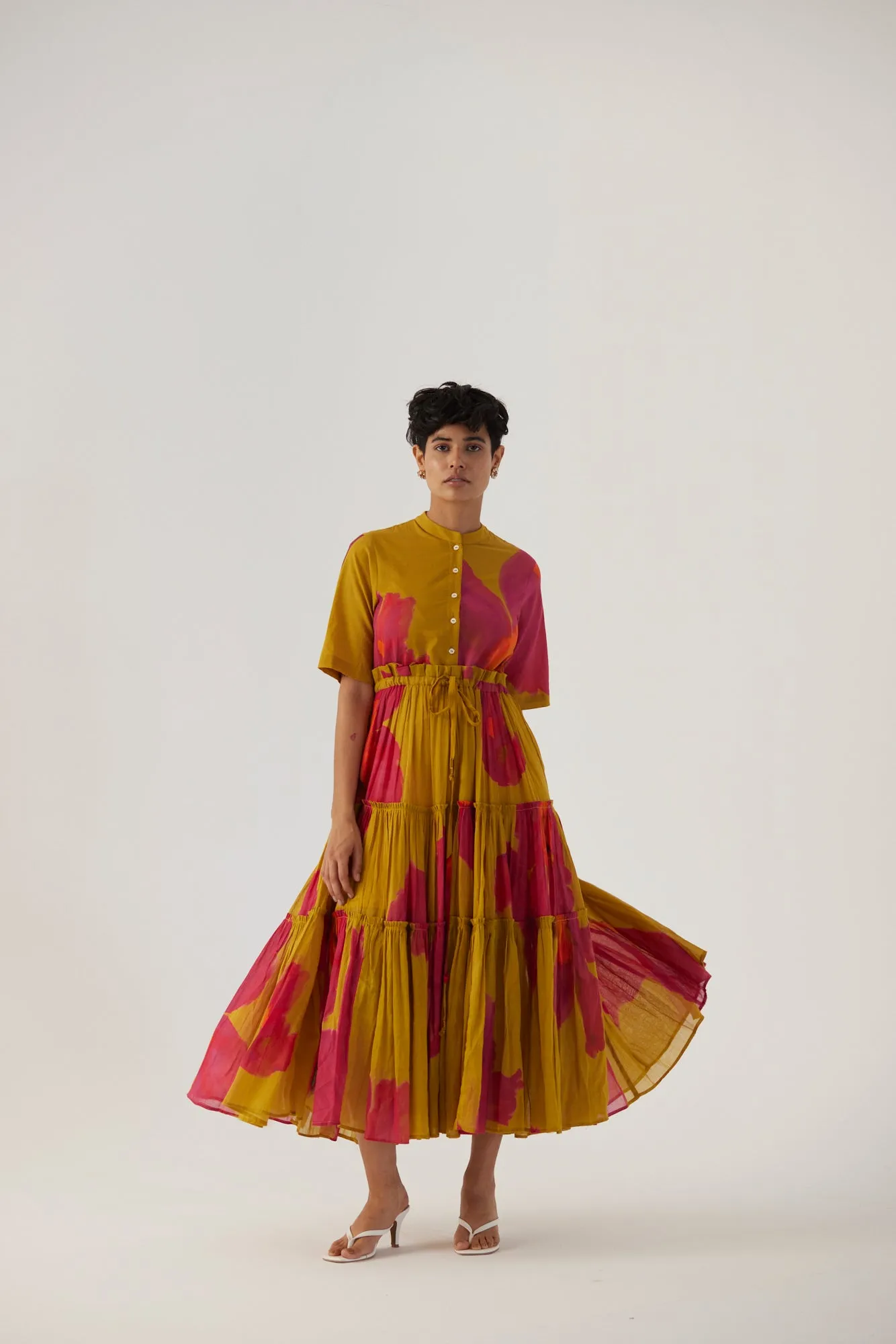 New Season Fall 24/Summer 25-Dress Cotton/Mulmul Tiered Pink Poppies Mustard-YAMBB16-Fashion Edit Yam