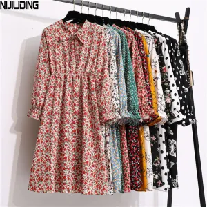 NIJIUDING Women's Chiffon Dress Female Vintage Floral Printed Long Sleeve Bow Midi Dresses Spring Autumn Flare Sleeve Vestidos