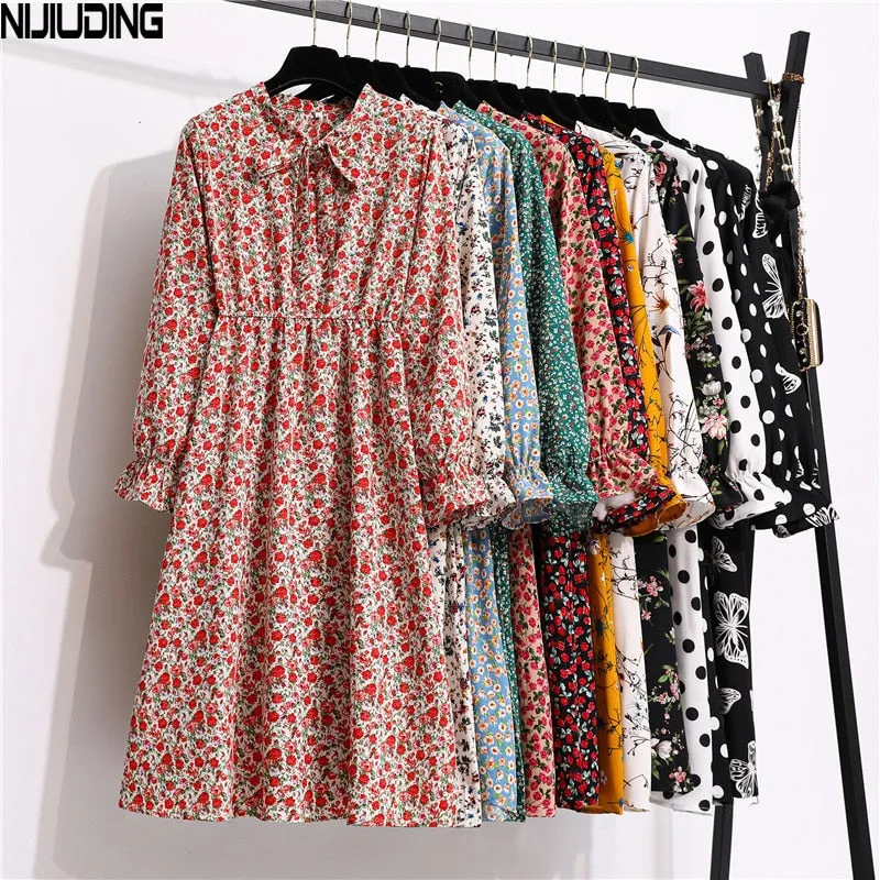 NIJIUDING Women's Chiffon Dress Female Vintage Floral Printed Long Sleeve Bow Midi Dresses Spring Autumn Flare Sleeve Vestidos