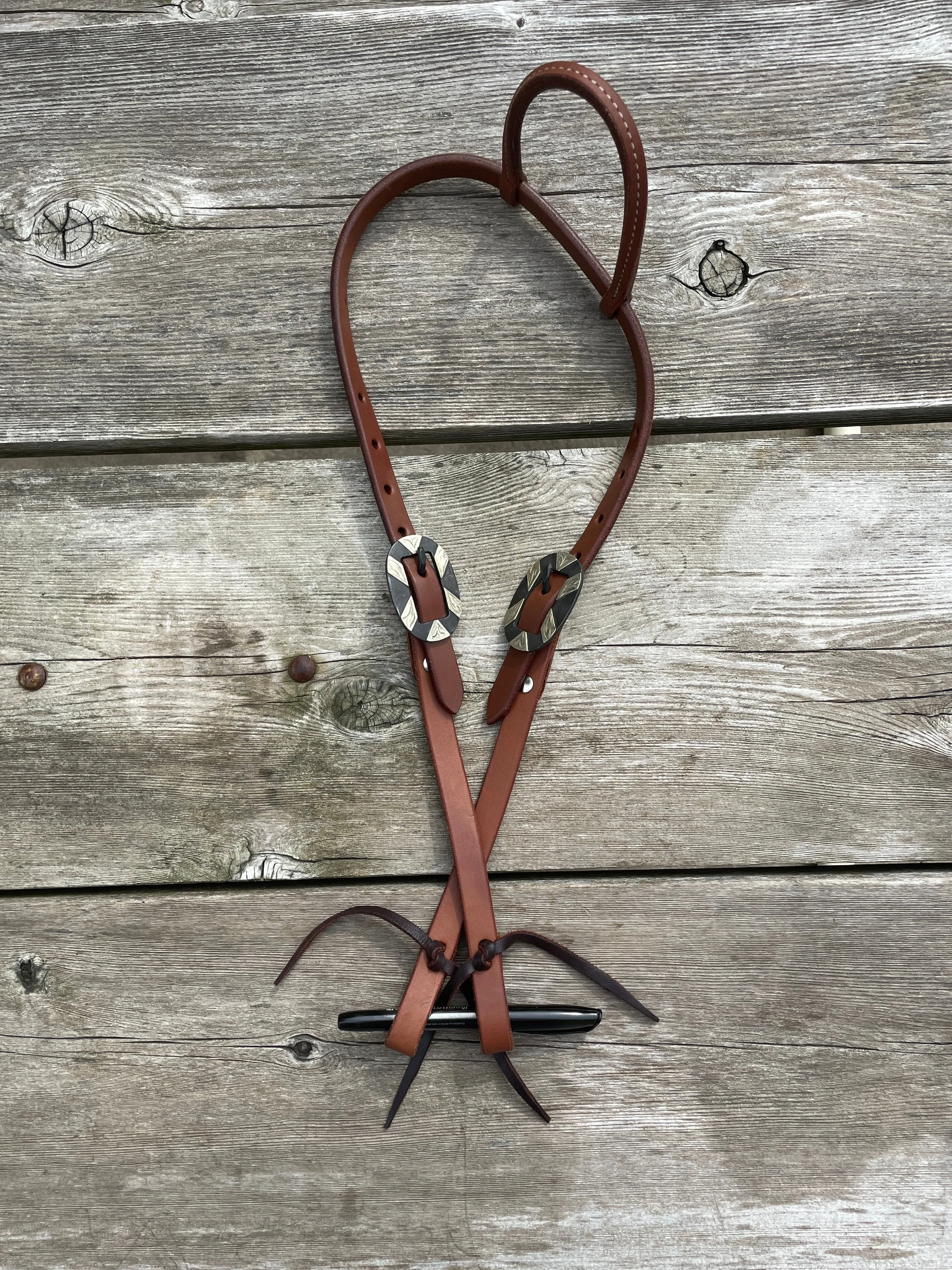 Oiled Harness Single Ear Headstall With Antique Silver Bar Buckle