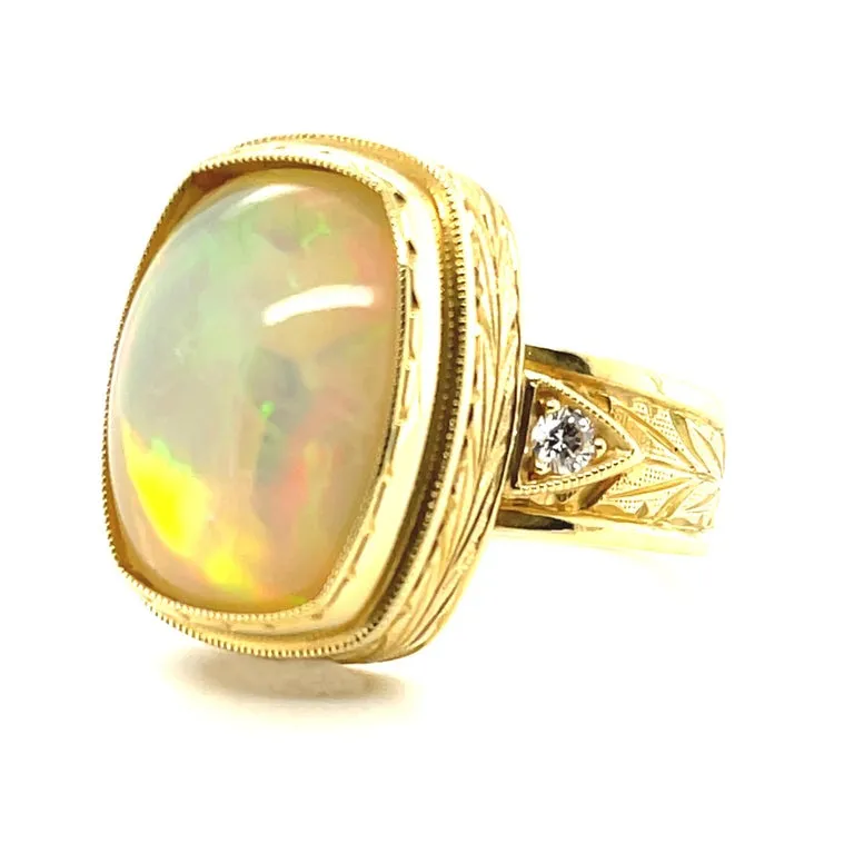 Opal and Diamond Handmade Band Ring in 18k Yellow Gold. 9.37 Carats