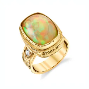 Opal and Diamond Handmade Band Ring in 18k Yellow Gold. 9.37 Carats