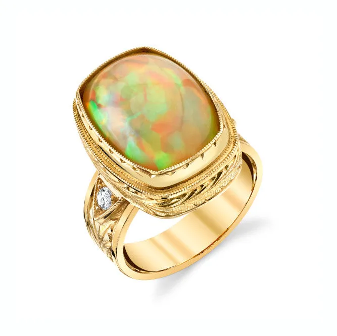 Opal and Diamond Handmade Band Ring in 18k Yellow Gold. 9.37 Carats