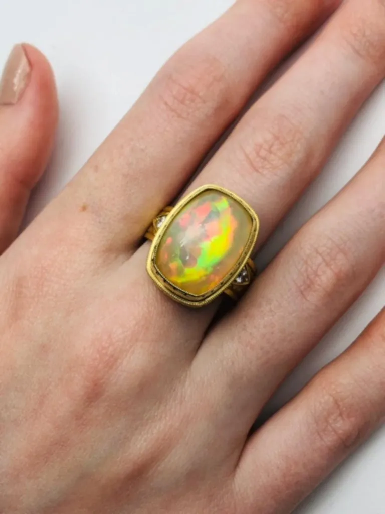 Opal and Diamond Handmade Band Ring in 18k Yellow Gold. 9.37 Carats